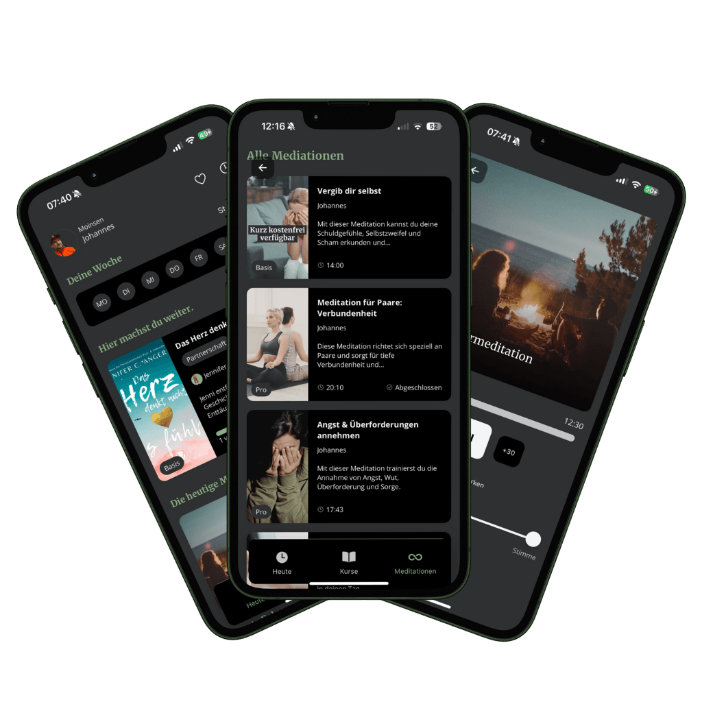 Entspannungshelden App Screenshots zeigen Mediationen für Selbstmitgefühl, Paare und Angstbewältigung