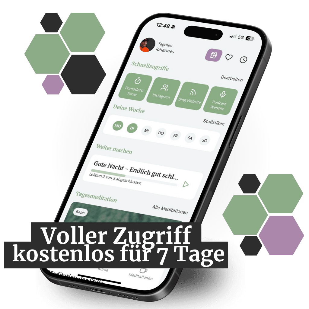 Entspannungshelden App Gratis für 7 Tage testen - Mockup Smartphone displaying an app interface with German text, surrounded by hexagonal shapes. Text overlay: "Voller Zugriff kostenlos für 7 Tage."