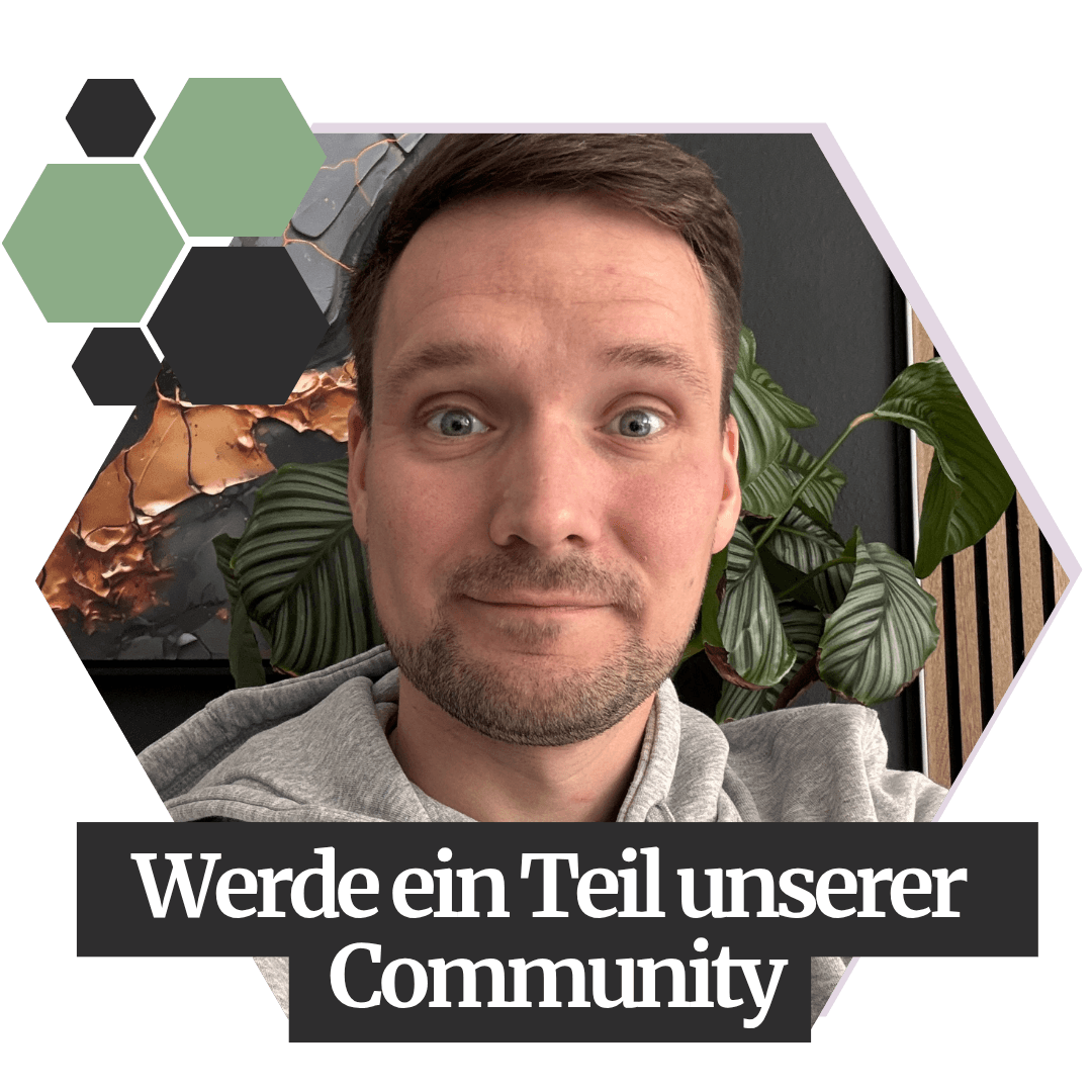 Entspannungshelden Community - Teil einer Bewegung A man in a gray hoodie smiles at the camera with plants in the background. Text reads "Werde ein Teil unserer Community."