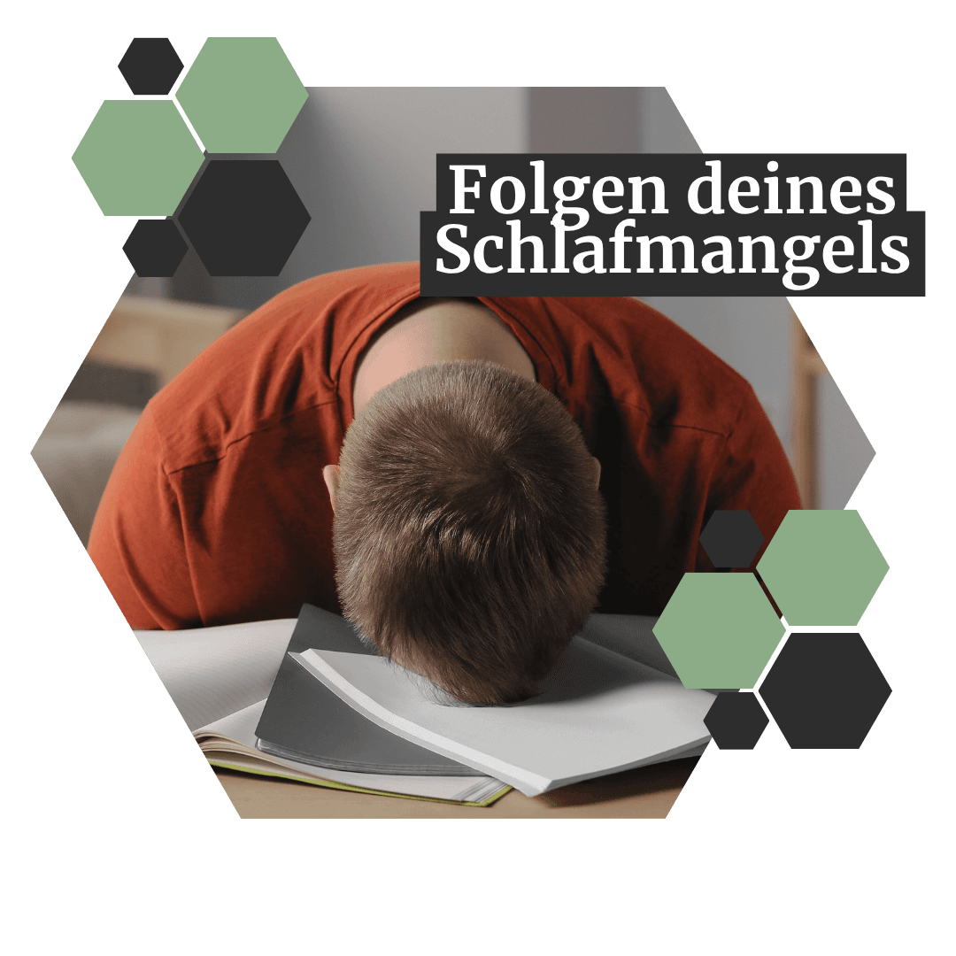 Folgen deiner Schlafprobleme Person in a red shirt with sleeping problems resting his head on open books, overlaid text reads "Folgen deines Schlafmangels" with hexagonal graphics.