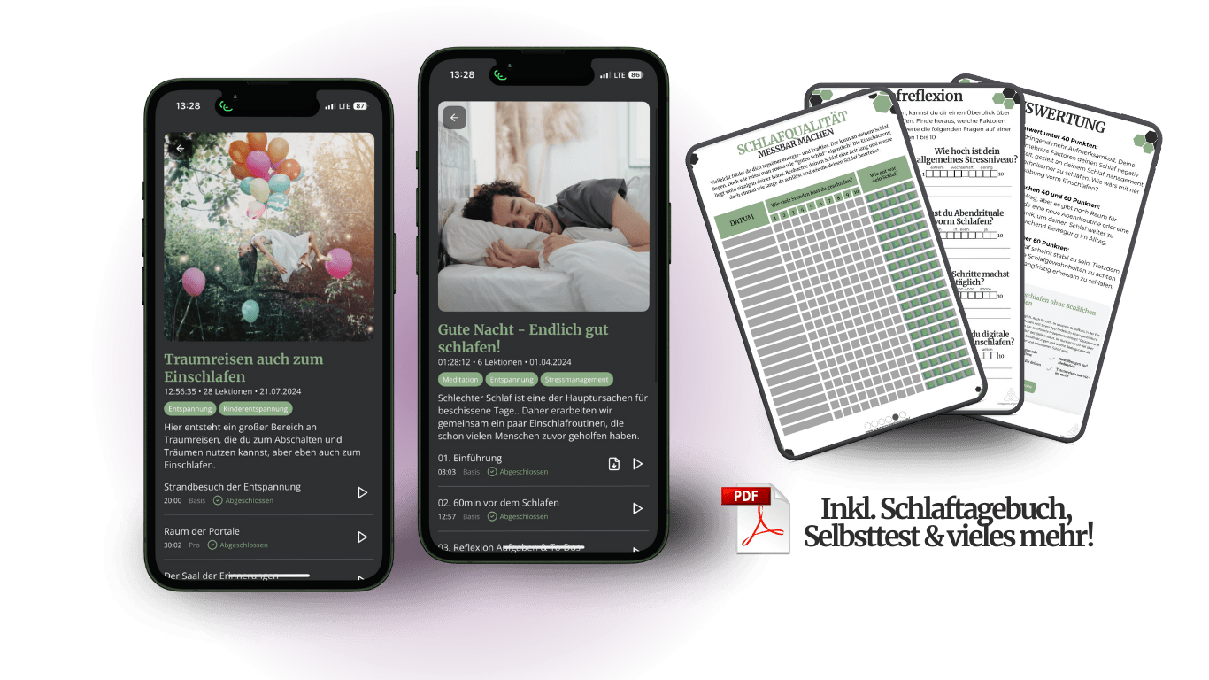 Schlafprobleme erkennen mit dem Schlaftagebuch Two smartphones display sleep-related apps, accompanied by printed materials and a PDF icon, promoting sleep improvement resources.