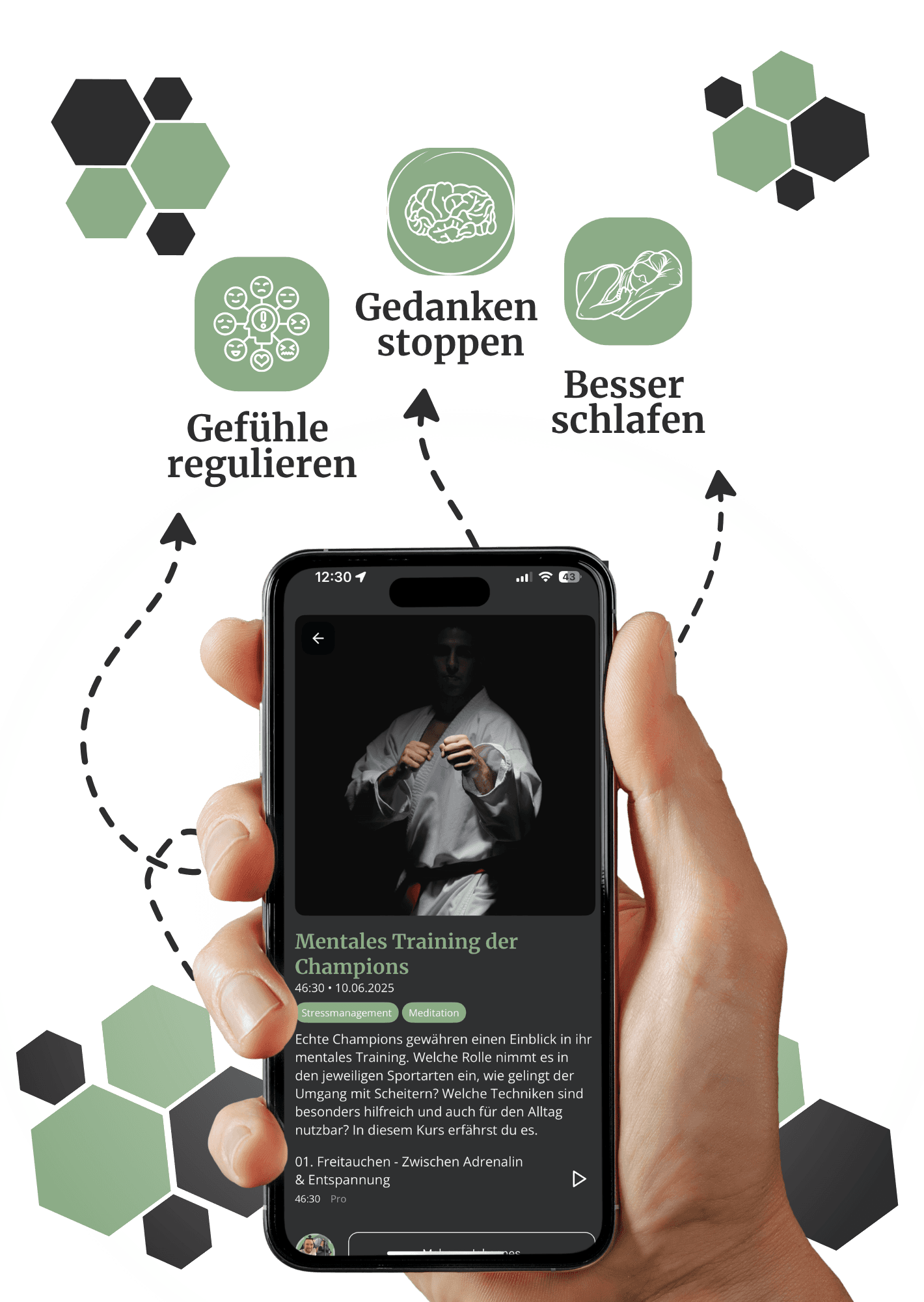 Kassel Marathon Imagebild Landingpage Hand holding a smartphone displaying a martial arts training app. Background shows icons and text related to mental training and relaxation.